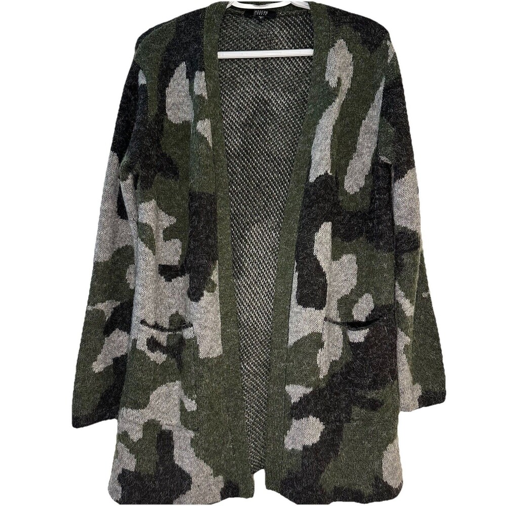 Modern Canvas Camo Cardigan Sweater Women’s S Olive Green Open Front Pockets